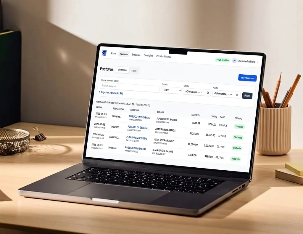 Laptop mostrando el listado de facturas timbradas en la app
