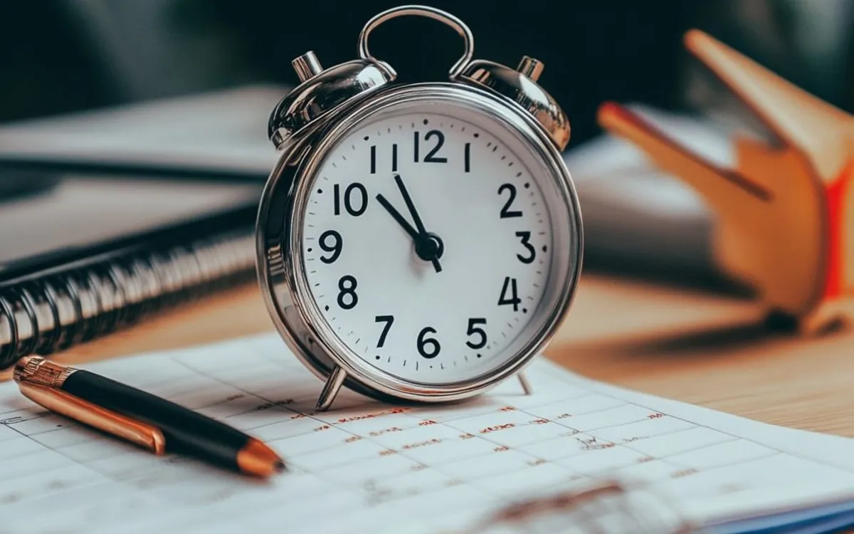 Reloj despertador sobre un escritorio con calendario